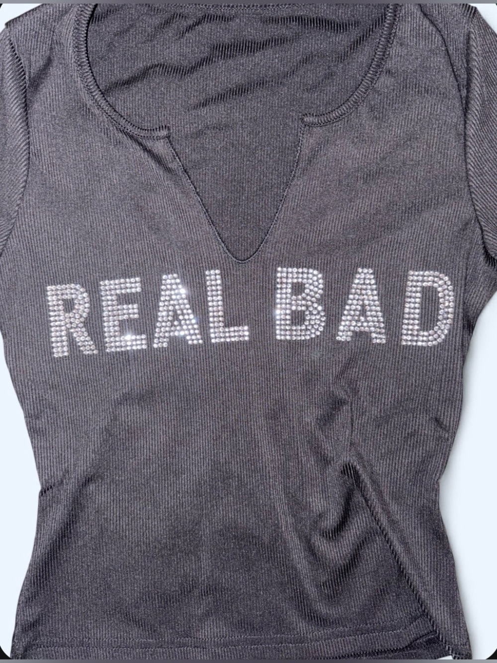 “Real Bad” NWOT Rhinestone Long Sleeve Ribbed Top - Size Small - Picture 1 of 7